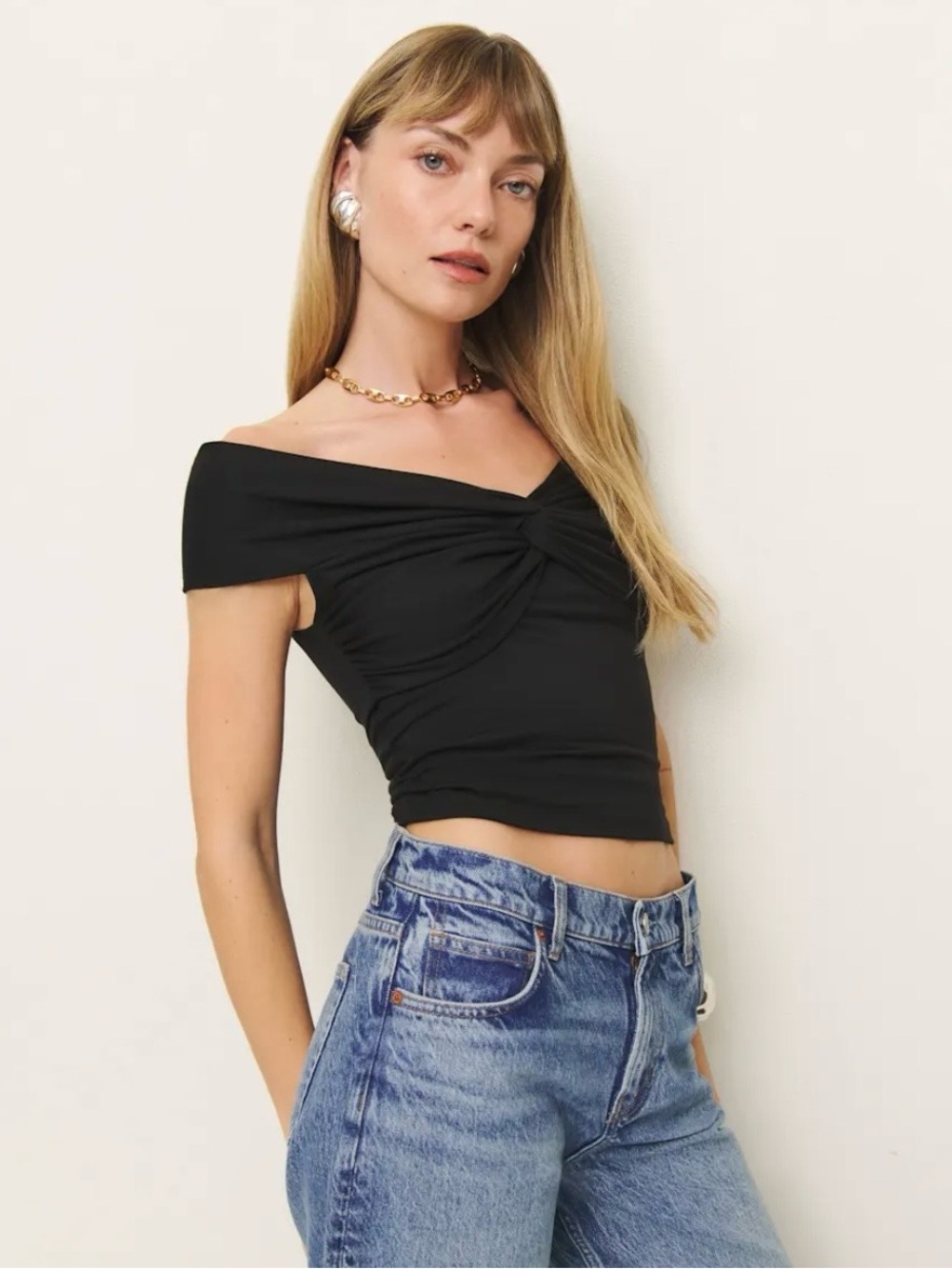 Reformation Black Off-Shoulder Crop Top